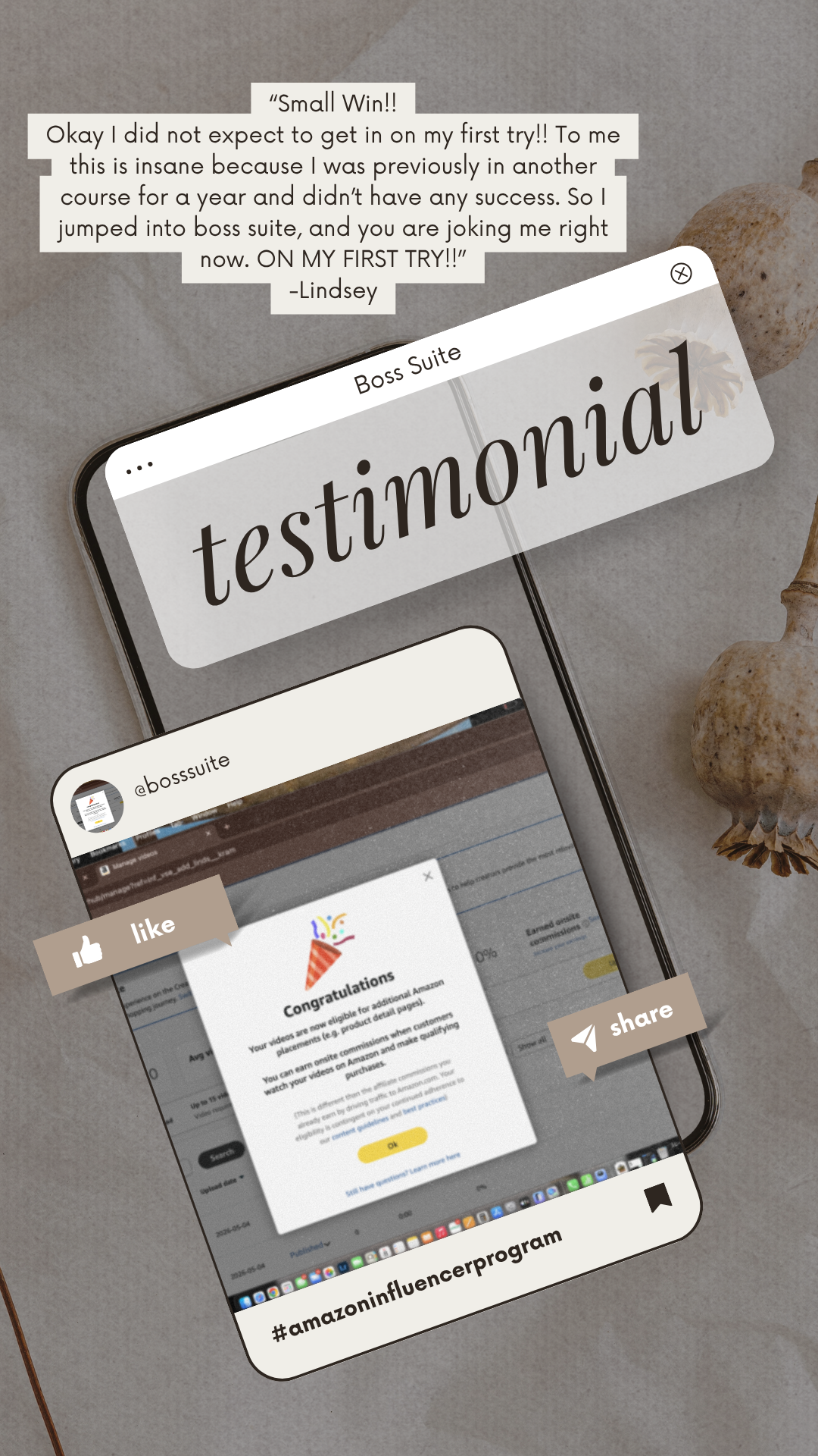 Testimonial collage showing a first success story inside Boss Suite.