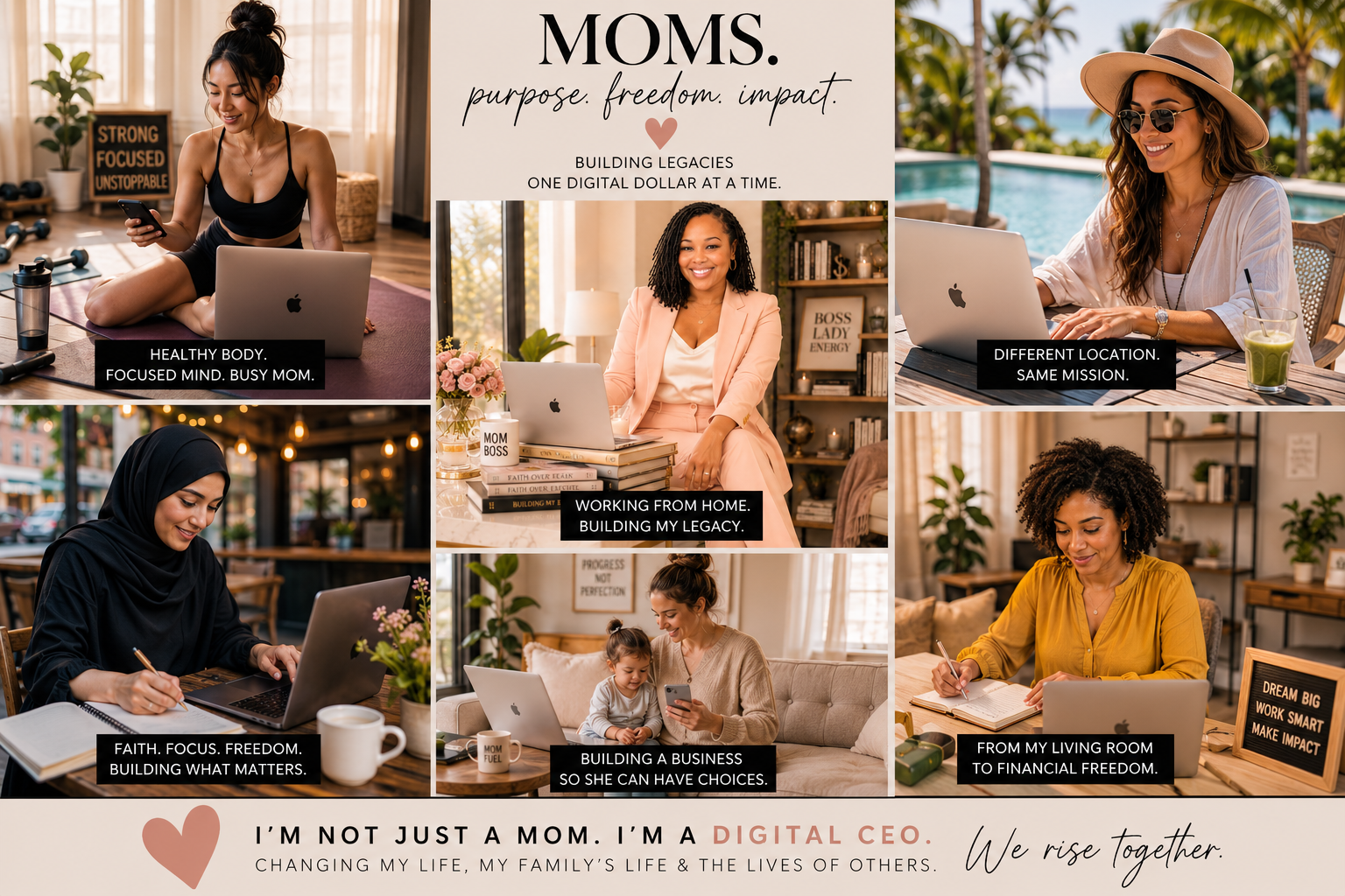 Collage of women building digital income streams from home and different locations.