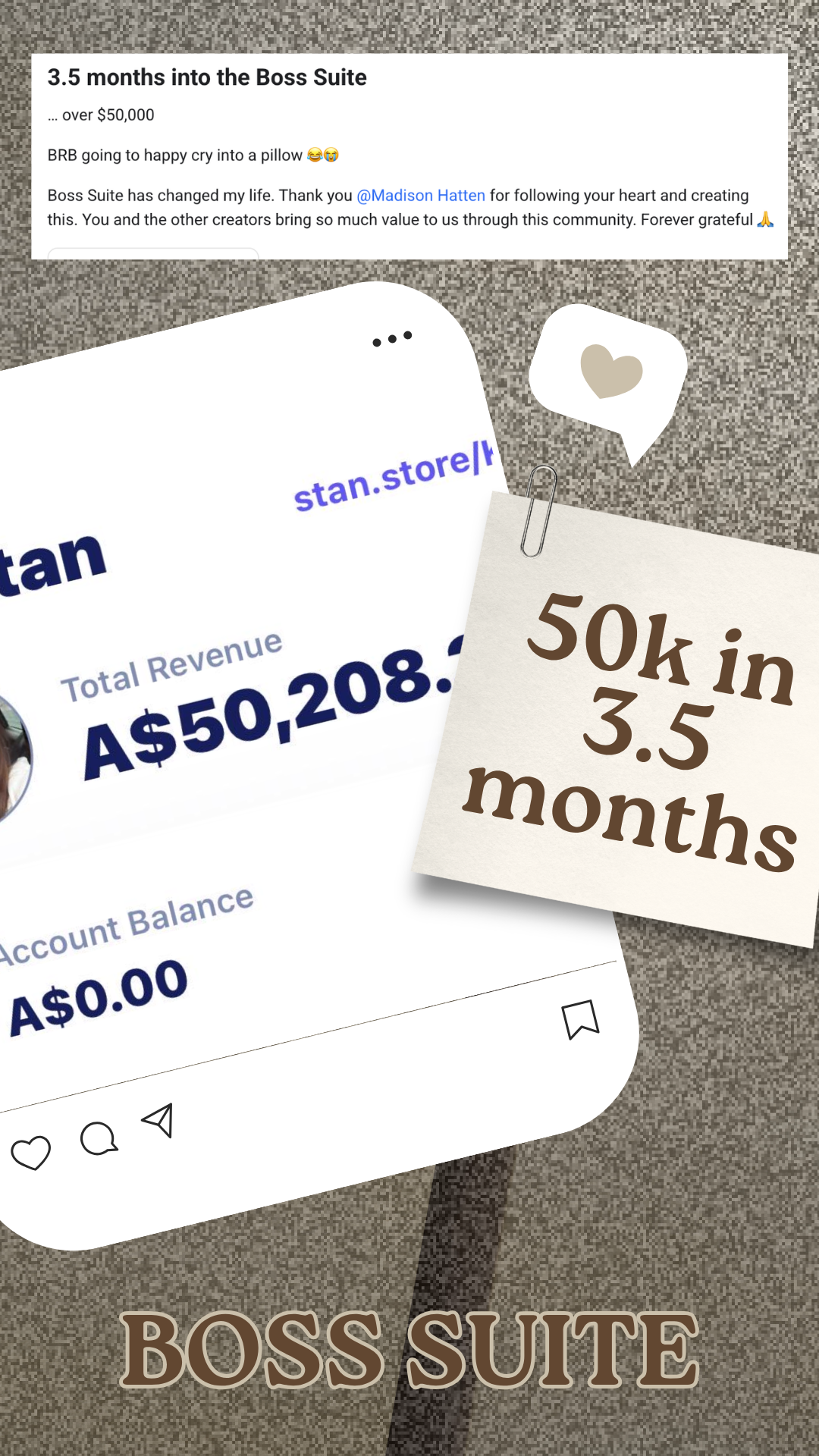 Income proof collage showing over fifty thousand dollars in revenue from a Boss Suite member.
